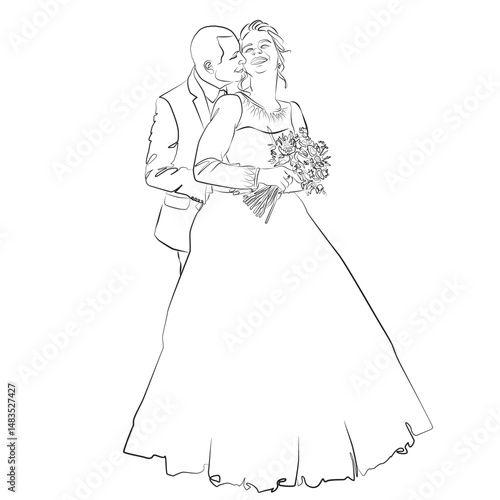 Newlyweds one line drawing. Happy wedding couple silhouette figures. Minimalist simple vector illustration. Wedding photo session art. Lovers print.