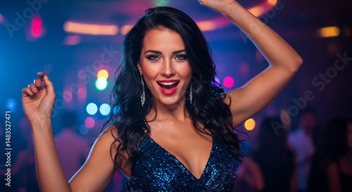 Young woman in sparkling blue dress joyfully dancing at a vibrant party, surrounded by colorful lights and a lively crowd, capturing the essence of celebration and nightlife