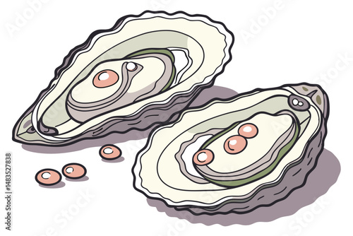 123 photorealistic, hyper-detailed, closeup of two freshly shucked oysters with pearl inside, iridescent mother-of-pearl shell, luminous natural lighting, dramatic shadows, dramatic contrast, sharp fo