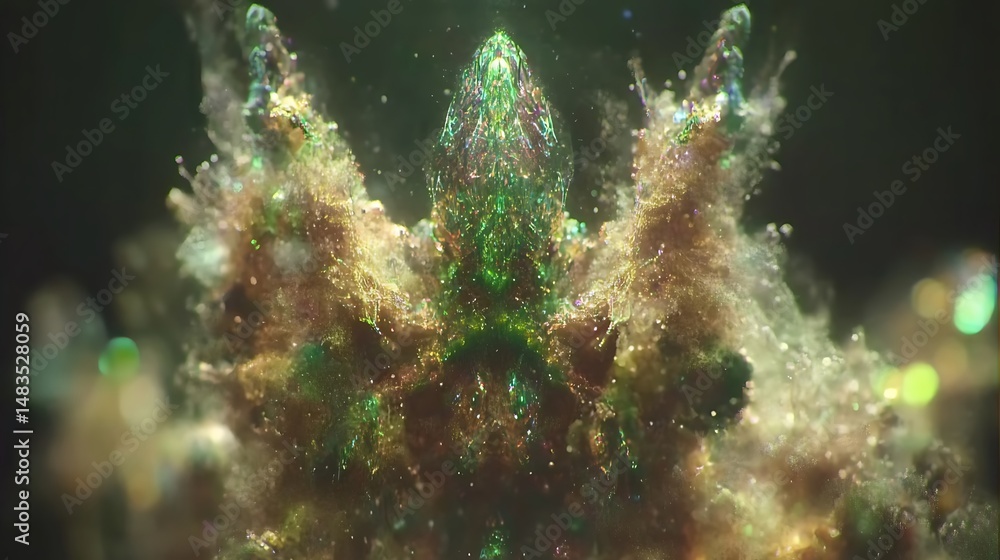 Fototapeta premium Mystical Gemstone Formation Sparkling in Green and Gold Dust Explosion