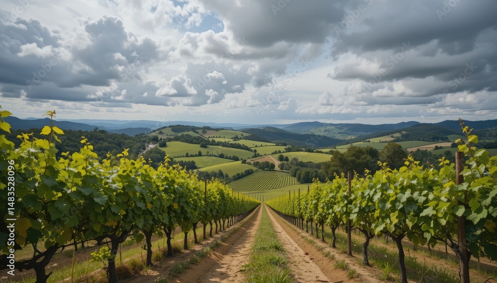 Naklejka premium Vineyard Landscape Under Cloudy Sky