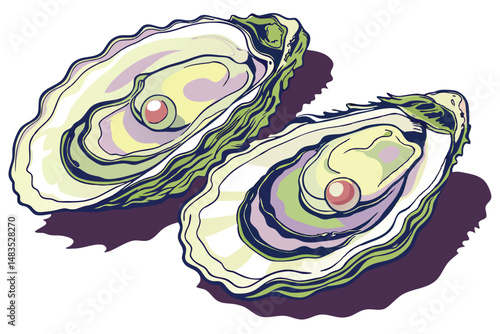 123 photorealistic, hyper-detailed, closeup of two freshly shucked oysters with pearl inside, iridescent mother-of-pearl shell, luminous natural lighting, dramatic shadows, dramatic contrast, sharp fo