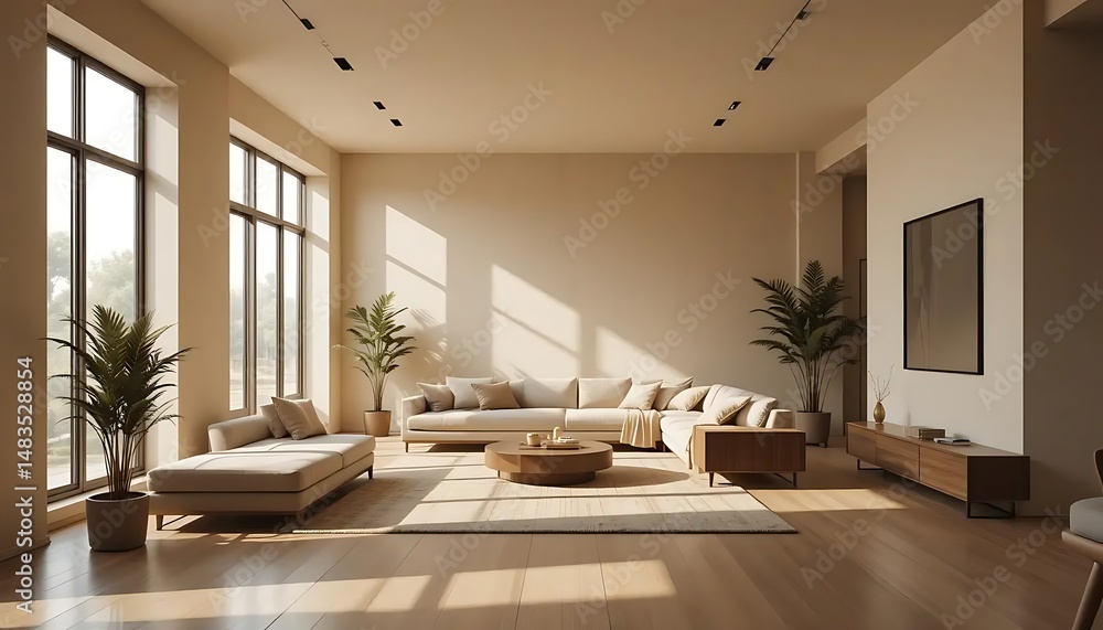 Fototapeta premium Serene living room interior with a large sectional sofa and natural light