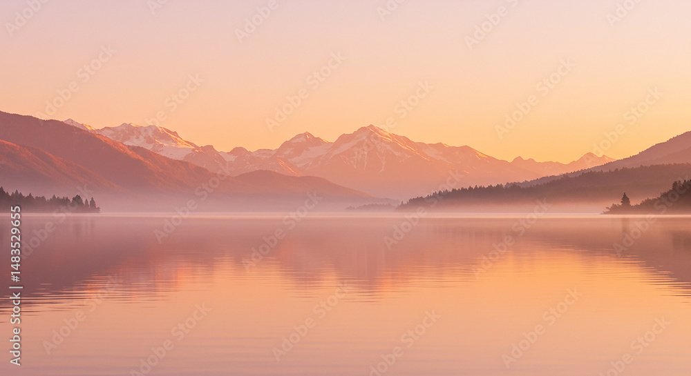 Stunning sunrise over a serene lake with majestic snow-capped mountains in the background. Stunning sunrise over a serene lake with majestic snow-capped mountains in the background.