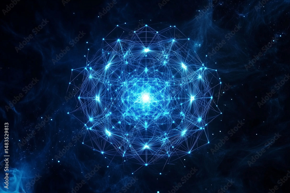 blue sphere with many small blue dots on it. The sphere is surrounded by a dark blue background blue sphere with many small blue dots on it. The sphere is surrounded by a dark blue background
