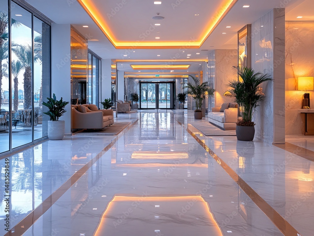 Fototapeta premium Luxury hotel lobby with palm trees and warm lighting design. Ideal for architectural, travel, or hospitality industry designs.