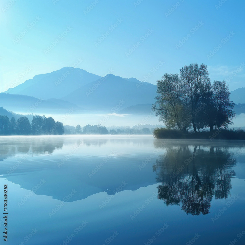 Fototapeta premium Peaceful lake dawn reflection mountains