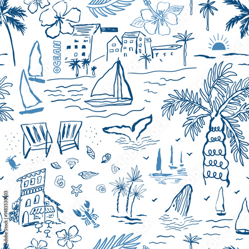 Blue hand drawn sea landscape seamless pattern. Summer vacation scene with houses, beach, palm, sailboats, coastal elements. Vector design for fabric, textile, wallpaper, background. Ink sketch style.
