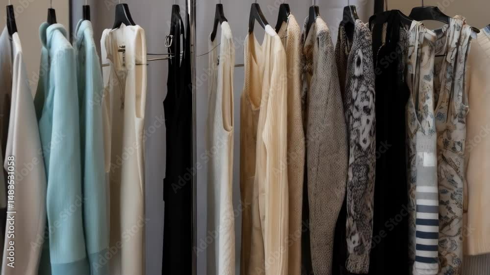 Rack with an assortment of women's fashion apparel featuring cardigans, dresses, tops, skirts, pants and casual style clothes. Rack with an assortment of women's fashion apparel featuring cardigans, dresses, tops, skirts, pants and casual style clothes.