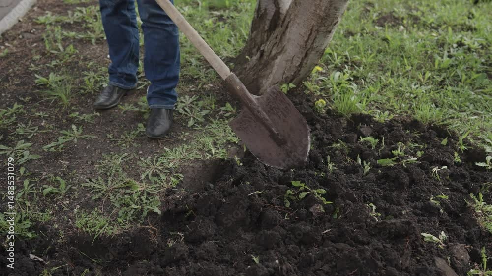A man in jeans plows a soil with a shovel for garden bed A man in jeans plows a soil with a shovel for garden bed