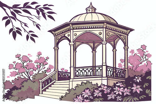 124 A decorative gazebo with ornate architectural details, surrounded by lush foliage and vibrant flowers, watercolor painting style, detailed, intricate, breathtaking, captivating, stunning