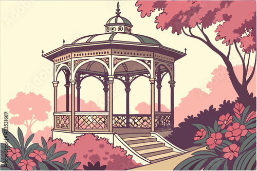 124 A decorative gazebo with ornate architectural details, surrounded by lush foliage and vibrant flowers, watercolor painting style, detailed, intricate, breathtaking, captivating, stunning