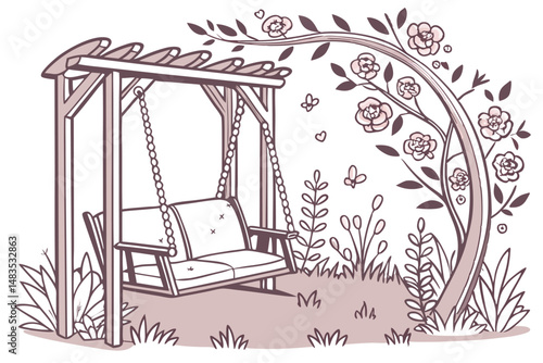 125 A beautifully decorated outdoor swing with a floral arch, a cozy outdoor sofa with floral accents, detailed foliage and flowers, watercolor style, ethereal, romantic, whimsical, soft, pastel color