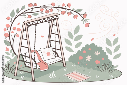 125 A beautifully decorated outdoor swing with a floral arch, a cozy outdoor sofa with floral accents, detailed foliage and flowers, watercolor style, ethereal, romantic, whimsical, soft, pastel color