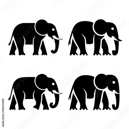 Silhouettes of four elephants in various poses, including side views and a frontal view, rendered in black on a white background, highlighting their distinct shapes and trunks.
