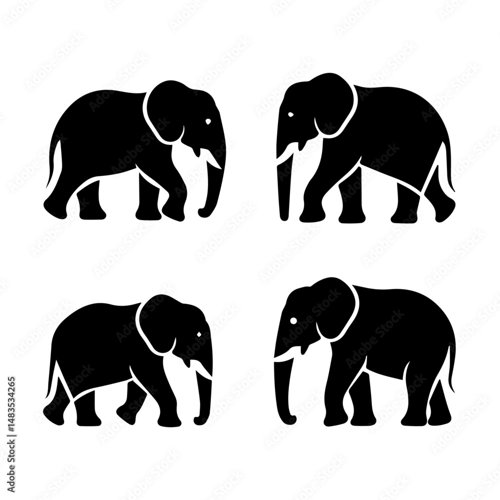 Fototapeta premium Silhouettes of four elephants in various poses, including side views and a frontal view, rendered in black on a white background, highlighting their distinct shapes and trunks.