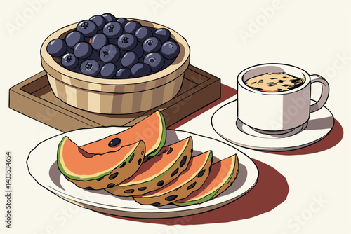 126 ceramic dish piled high with fresh blueberries, wooden plate with sliced melon, white porcelain plate with stacks of oatmeal cookies, white porcelain cup and saucer, high contrast photorealistic w