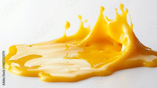 Bright yellow melted cheese stretches in an isolated shot against a white backdrop