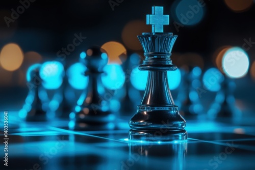 Strategic Business Concept: Blue Chess Pieces with Medical Cross