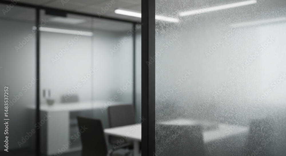 Modern office interior implying corporate privacy and glass partition design Modern office interior implying corporate privacy and glass partition design