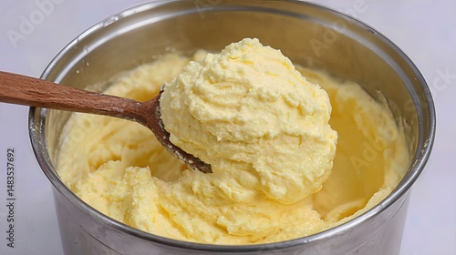 A spoon lifts soft curd from a rich butter mixture, capturing a step in homemade cooking.
