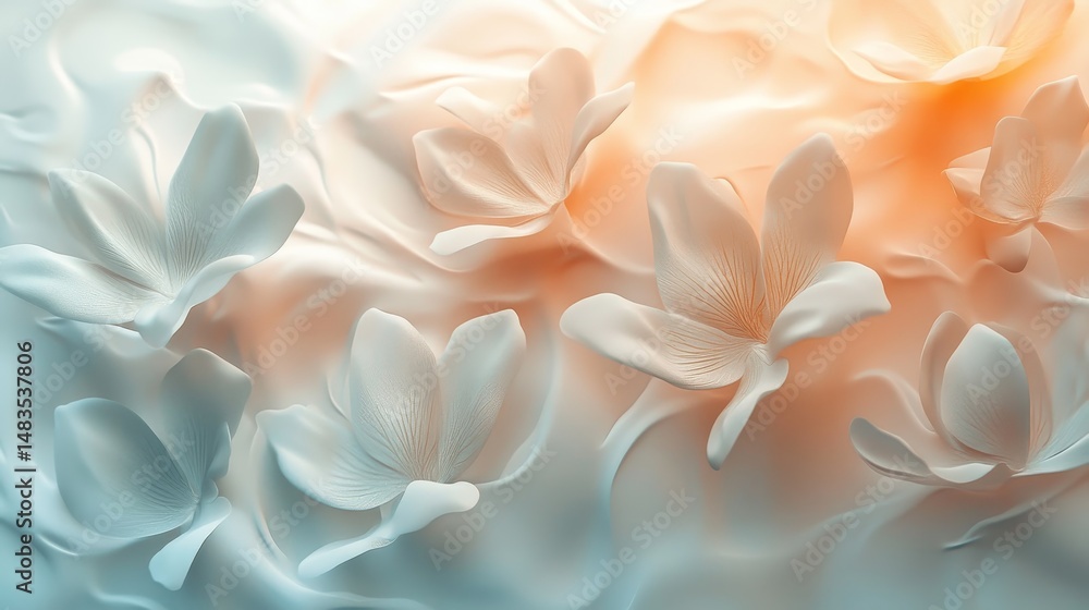 Fototapeta premium Delicate magnolia blossoms on flowing fabric in soft pastel hues.