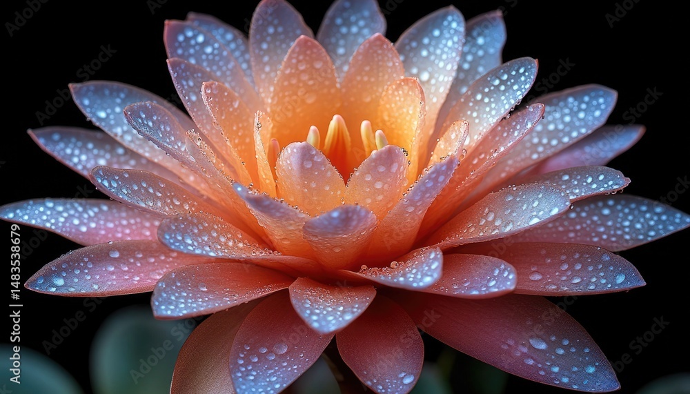 Fototapeta premium Peach lotus flower with water droplets, set against a stark black backdrop. Use this image for designs needing natural beauty, or floral elegance.