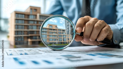A person meticulously examines an apartment building model and blueprints, signifying property assessment and detailed planning