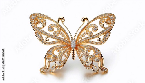 Luxurious golden butterfly brooch with diamonds, elegant ornate jewelry design on white background, high-end fashion accessory, fine filigree metalwork, premium decorative insect pin