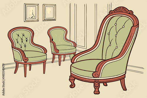 129 antique chairs, plush green velvet upholstery, ornate red wood frames, victorian era furniture, elegant historical design, textured fabric details, ornamental carving, vintage salon aesthetic, cla
