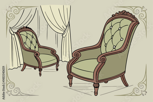 129 antique chairs, plush green velvet upholstery, ornate red wood frames, victorian era furniture, elegant historical design, textured fabric details, ornamental carving, vintage salon aesthetic, cla