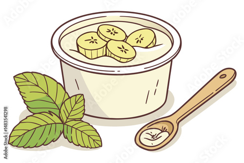 130 tub of creamy yogurt, fresh banana slices, mint leaves, wooden spoon, table, minimalist white background, detailed food illustration, whimsical, vibrant colors, high quality, photorealistic