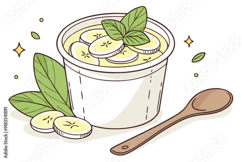 130 tub of creamy yogurt, fresh banana slices, mint leaves, wooden spoon, table, minimalist white background, detailed food illustration, whimsical, vibrant colors, high quality, photorealistic