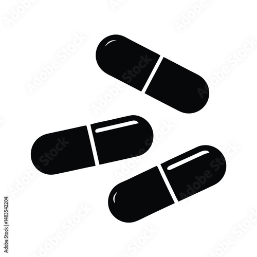Three Black Capsules Falling Medicine Healthcare Pharmacy Treatment Drugs Pills