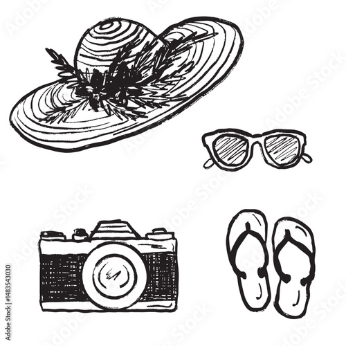 Women summer beach hat with flowers, vintage camera, sunglasses and flip flops in black brush stroke texture isolated on white. Hand drawn vector sketch illustration in vintage charcoal ink.