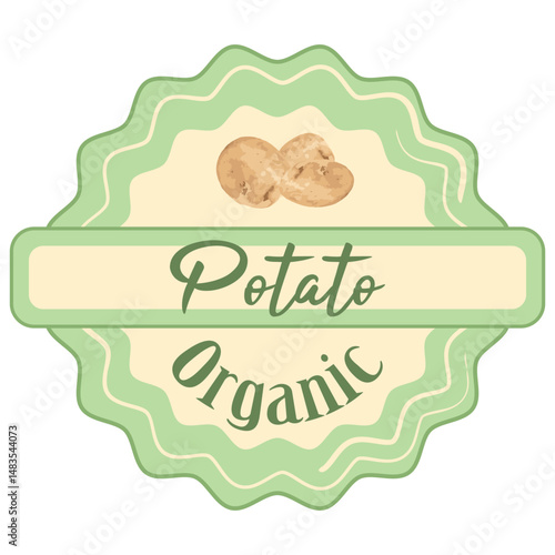 Organic potatoes round label or sticker for your product. Raw unpeeled organic potatoes shop tag.