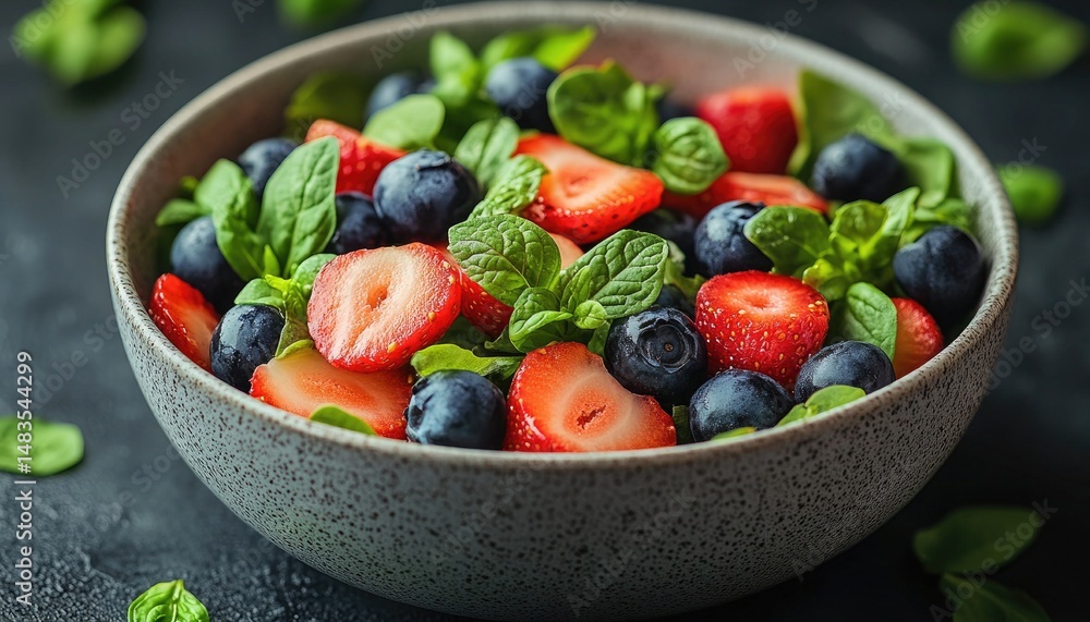 Berry salad with spinach and grey bowl against a dark background. Perfect for healthy eating blogs, diet plans, or recipe websites. Berry salad with spinach and grey bowl against a dark background. Perfect for healthy eating blogs, diet plans, or recipe websites.