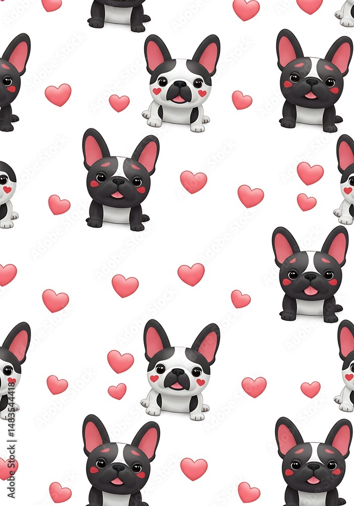 Fototapeta premium Adorable French Bulldog Love Pattern: Pink Hearts & Cartoon Dogs
