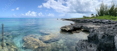 Panoramic Vista of Turks and Caicos coastline with volcanic rocks and blue sea