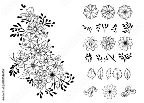 Floral Design Set. Hand-Drawn Black and White Flower Bouquet, Floral Elements, Leaves, and Decorative Patterns for Tattoos, Coloring Pages, Vector Illustrations, and Artistic Projects.