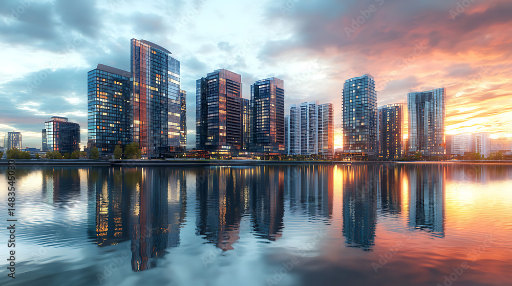 Fototapeta premium Waterfront skyline view at dusk time high resolution picture