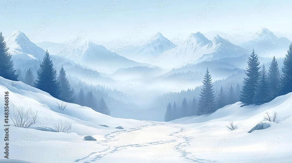 Fototapeta premium Winter Mountain Scenery with Snow Covered Path and Evergreen Trees