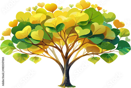 A watercolor depiction of a Katsura Tree (Cercidiphyllum japonicum), featuring heart-shaped leaves and a graceful, multilayered crown, isolated on a white background.