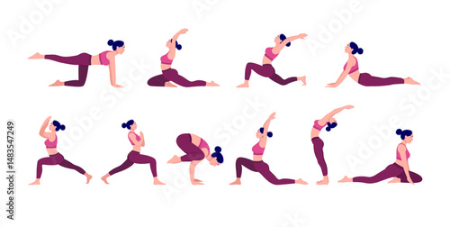 Yoga Workout Set. Young woman practicing Yoga poses. Woman workout fitness, aerobic and exercises.