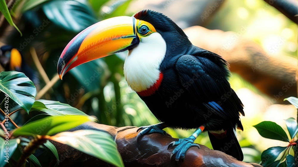Fototapeta premium Vibrant Toucan Perched on Branch Surrounded by Tropical Greenery in Lush Rainforest Environment, Showcasing Bright Colors and Stunning Features
