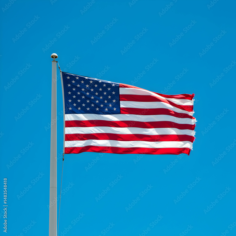 Fototapeta premium American Flag: Waving in Blue Sky