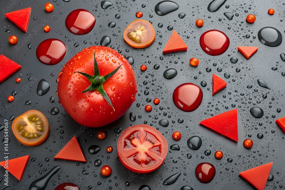 Abstract composition with tomato juice in drops, geometry from vegetables on monochrome background Abstract composition with tomato juice in drops, geometry from vegetables on monochrome background