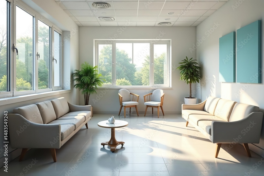 Fototapeta premium Modern, bright doctor's surgery waiting area with comfortable seating and natural light , clean, space
