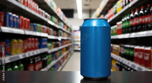 Unbranded Blue Soda Can on Supermarket Shelf