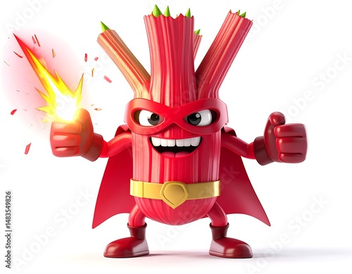 Cartoon Celery Superhero With Red Cape And Thumbs Up Isolated on White